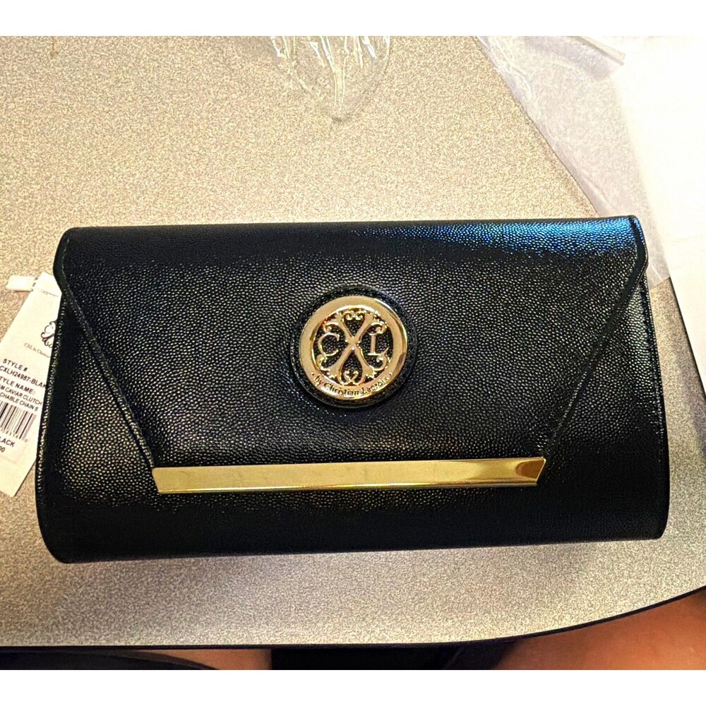 CXL by Christian Lacroix Black Pebbled Clutch Logo Gold Hardware snap closure